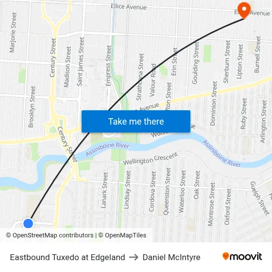 Eastbound Tuxedo at Edgeland to Daniel McIntyre map