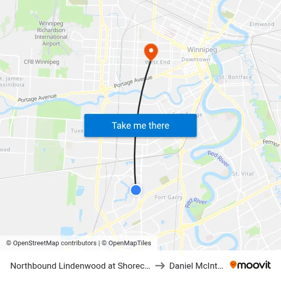 Northbound Lindenwood at Shorecrest to Daniel McIntyre map
