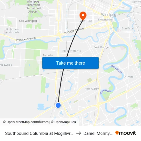 Southbound Columbia at Mcgillivray to Daniel McIntyre map