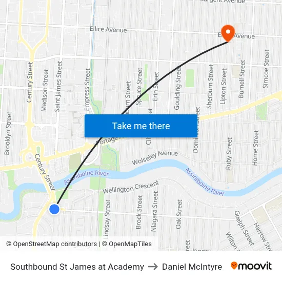Southbound St James at Academy to Daniel McIntyre map