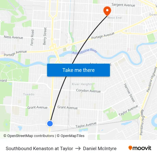 Southbound Kenaston at Taylor to Daniel McIntyre map
