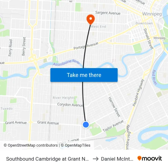 Southbound Cambridge at Grant North to Daniel McIntyre map