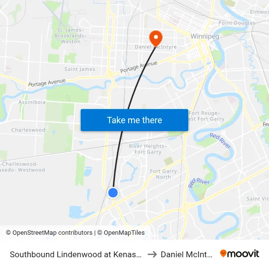 Southbound Lindenwood at Kenaston to Daniel McIntyre map