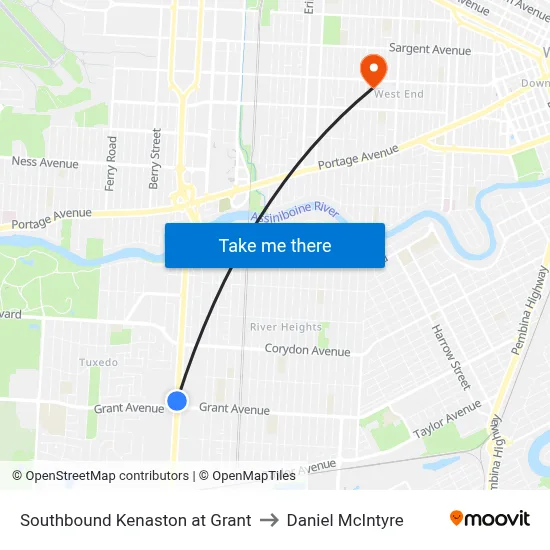 Southbound Kenaston at Grant to Daniel McIntyre map