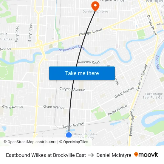 Eastbound Wilkes at Brockville East to Daniel McIntyre map