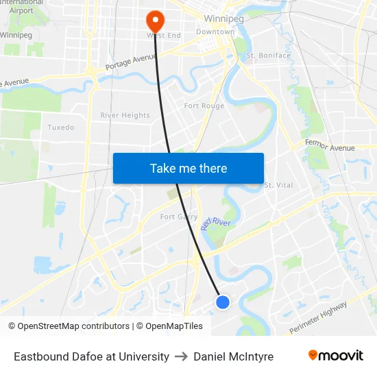 Eastbound Dafoe at University to Daniel McIntyre map
