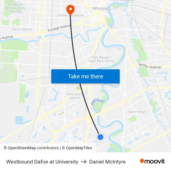 Westbound Dafoe at University to Daniel McIntyre map