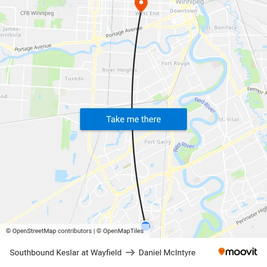 Southbound Keslar at Wayfield to Daniel McIntyre map