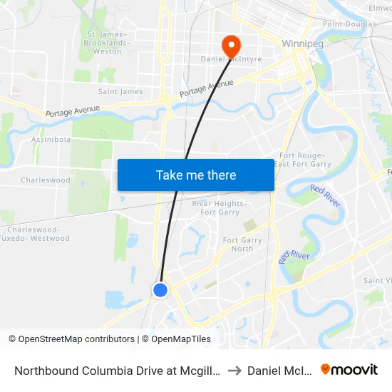 Northbound Columbia Drive at Mcgillivray North to Daniel McIntyre map