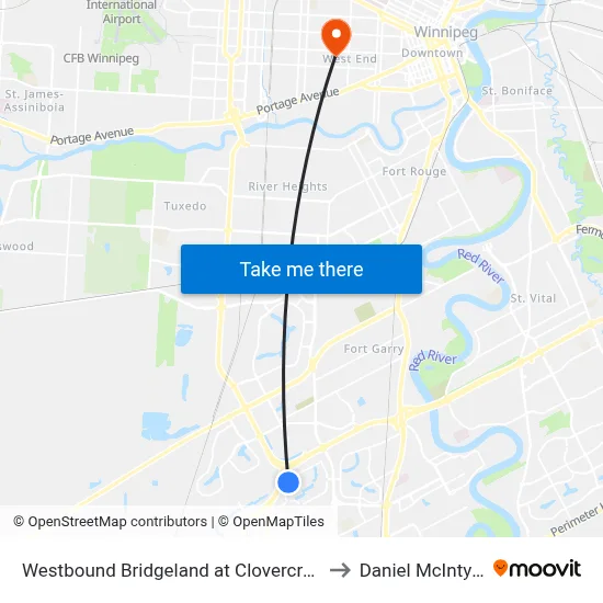 Westbound Bridgeland at Clovercrest to Daniel McIntyre map
