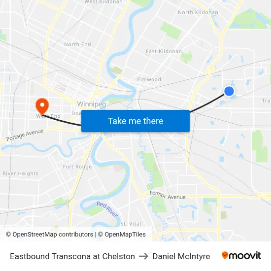 Eastbound Transcona at Chelston to Daniel McIntyre map