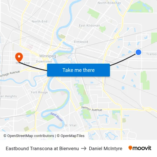 Eastbound Transcona at Bienvenu to Daniel McIntyre map