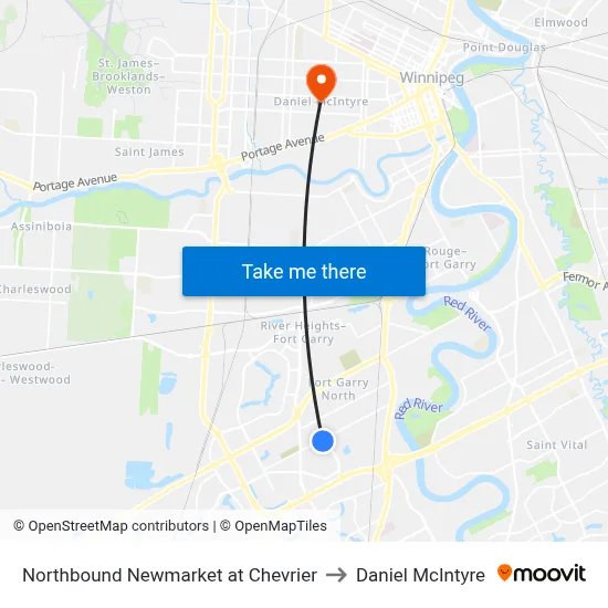 Northbound Newmarket at Chevrier to Daniel McIntyre map