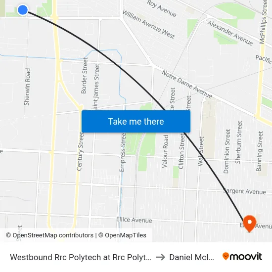 Westbound Rrc Polytech at Rrc Polytech (43) to Daniel McIntyre map