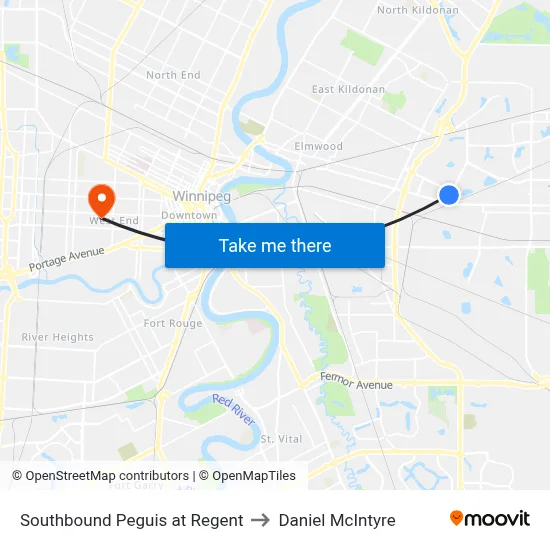 Southbound Peguis at Regent to Daniel McIntyre map