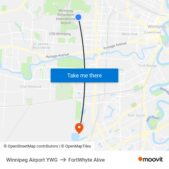 Winnipeg Airport YWG to FortWhyte Alive map