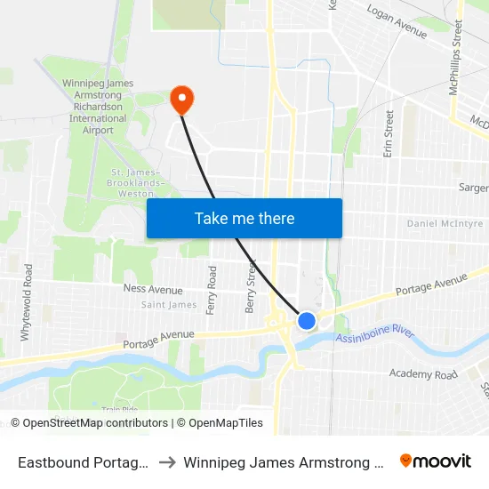 Eastbound Portage at Tylehurst (Polo Park) to Winnipeg James Armstrong Richardson International Airport (YWG) map