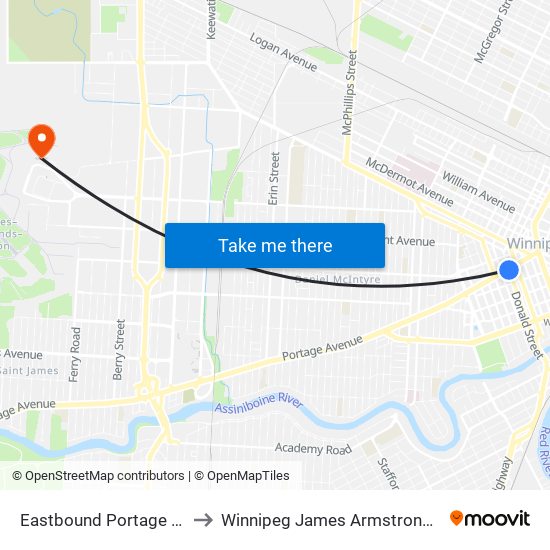 Eastbound Portage at Donald (Canada Life Centre) to Winnipeg James Armstrong Richardson International Airport (YWG) map