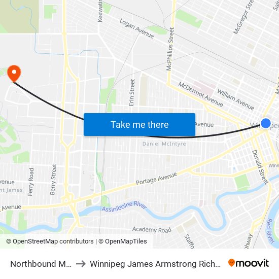 Northbound Main at Mcdermot to Winnipeg James Armstrong Richardson International Airport (YWG) map