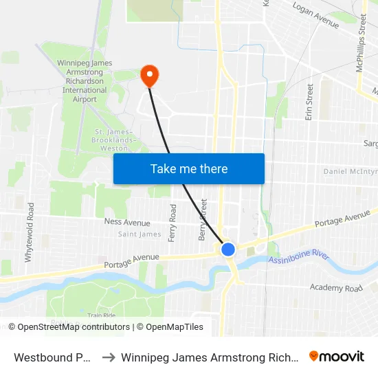 Westbound Portage at Century to Winnipeg James Armstrong Richardson International Airport (YWG) map