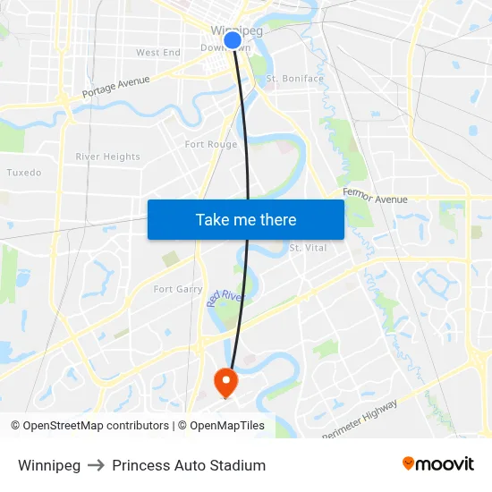 Winnipeg to Princess Auto Stadium map