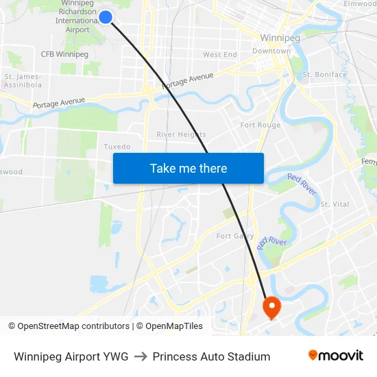 Winnipeg Airport YWG to Princess Auto Stadium map