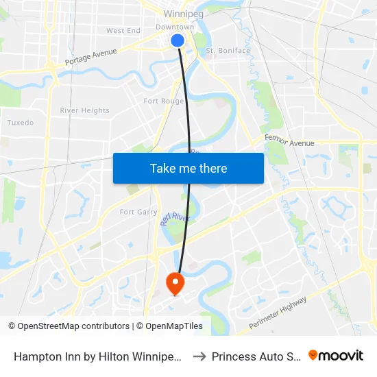 Hampton Inn by Hilton Winnipeg Downtown to Princess Auto Stadium map