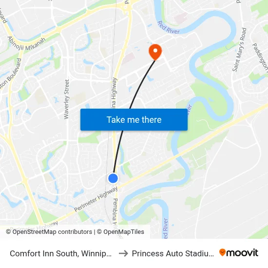 Comfort Inn South, Winnipeg to Princess Auto Stadium map