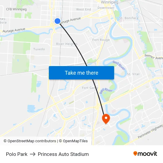 Polo Park to Princess Auto Stadium map
