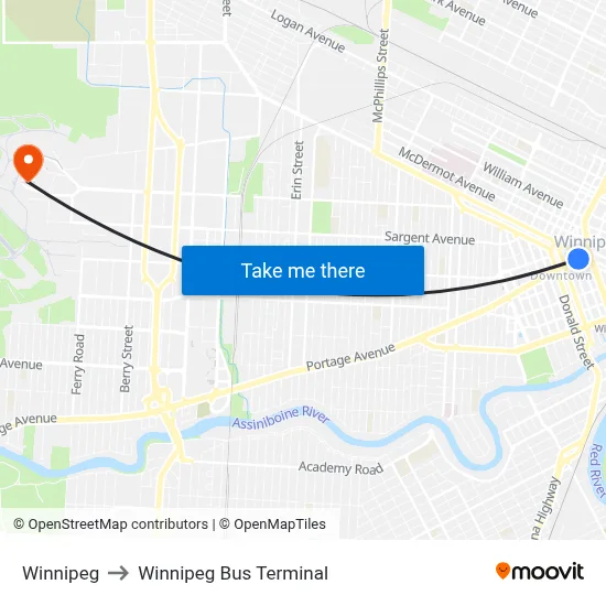 Winnipeg to Winnipeg Bus Terminal map