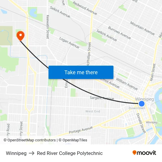 Winnipeg to Red River College Polytechnic map