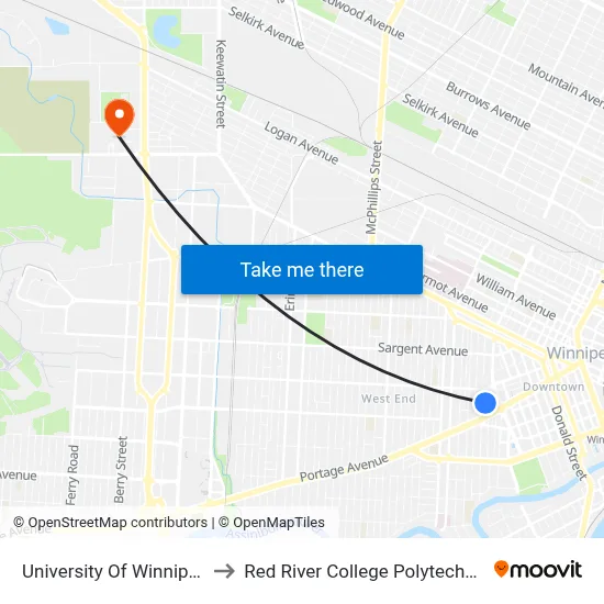 University Of Winnipeg to Red River College Polytechnic map