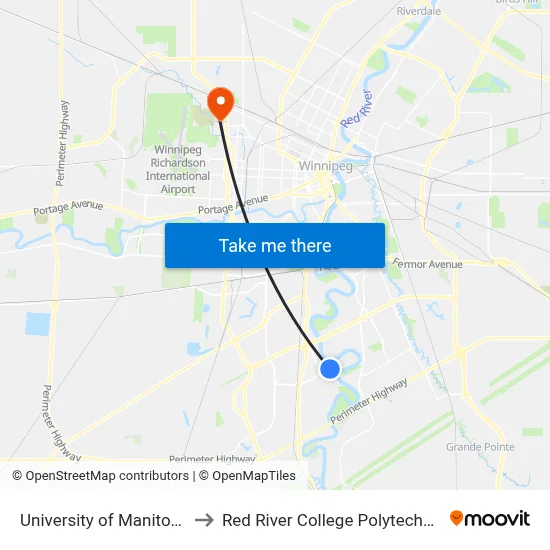 University of Manitoba to Red River College Polytechnic map