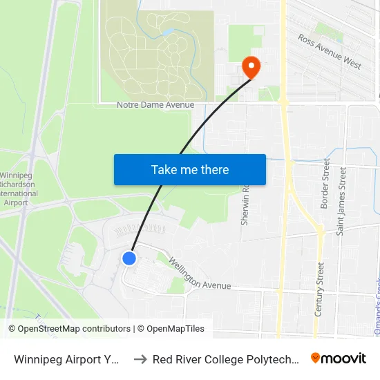 Winnipeg Airport YWG to Red River College Polytechnic map