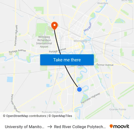 University of Manitoba to Red River College Polytechnic map