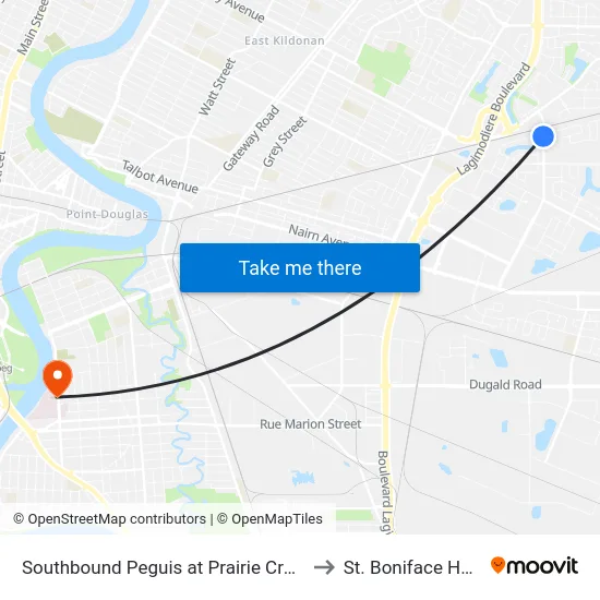 Southbound Peguis at Prairie Crocus North to St. Boniface Hospital map