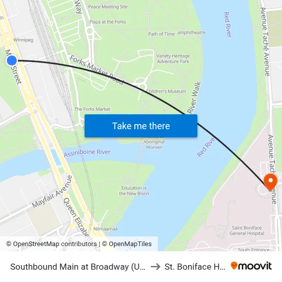 Southbound Main at Broadway (Union Station) to St. Boniface Hospital map