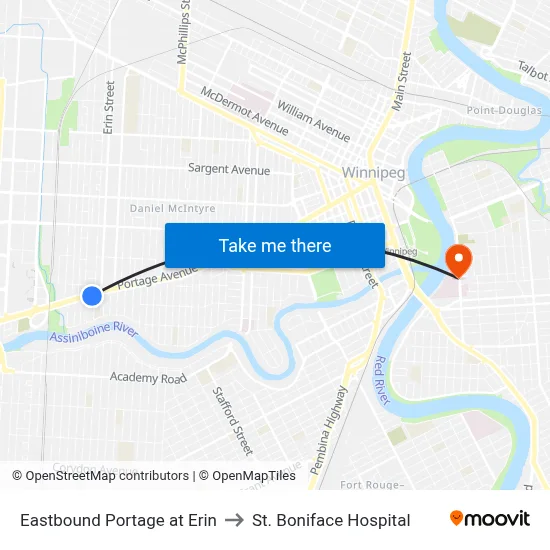Eastbound Portage at Erin to St. Boniface Hospital map