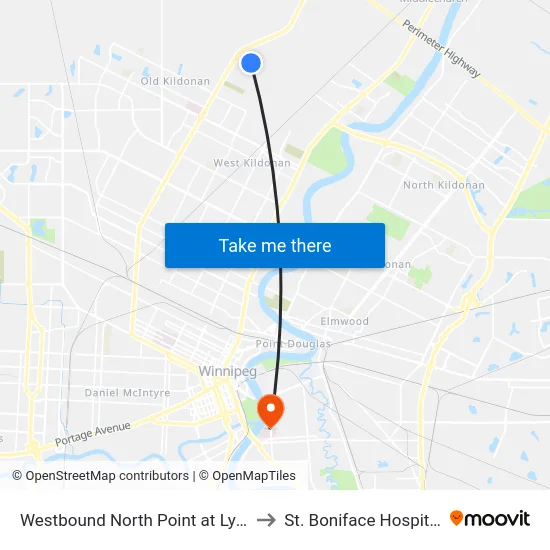 Westbound North Point at Lyra to St. Boniface Hospital map