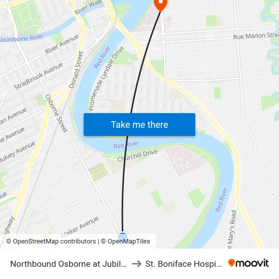 Northbound Osborne at Jubilee to St. Boniface Hospital map