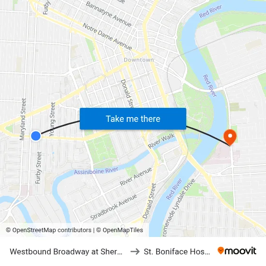 Westbound Broadway at Sherbrook to St. Boniface Hospital map