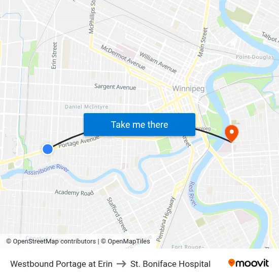 Westbound Portage at Erin to St. Boniface Hospital map