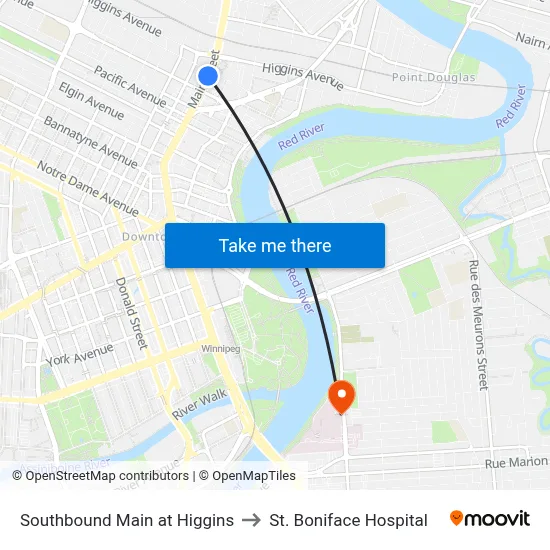 Southbound Main at Higgins to St. Boniface Hospital map