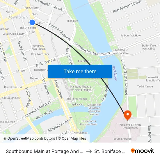 Southbound Main at Portage And Main Junction to St. Boniface Hospital map