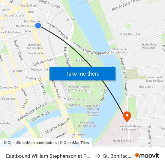Eastbound William Stephenson at Portage And Main Junction to St. Boniface Hospital map