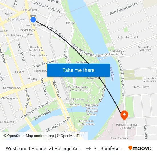 Westbound Pioneer at Portage And Main Junction to St. Boniface Hospital map