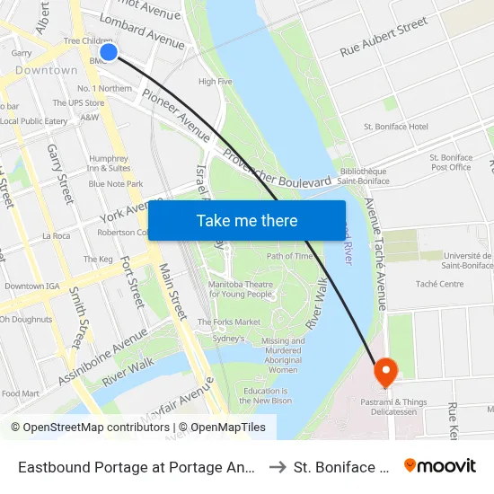 Eastbound Portage at Portage And Main Junction to St. Boniface Hospital map