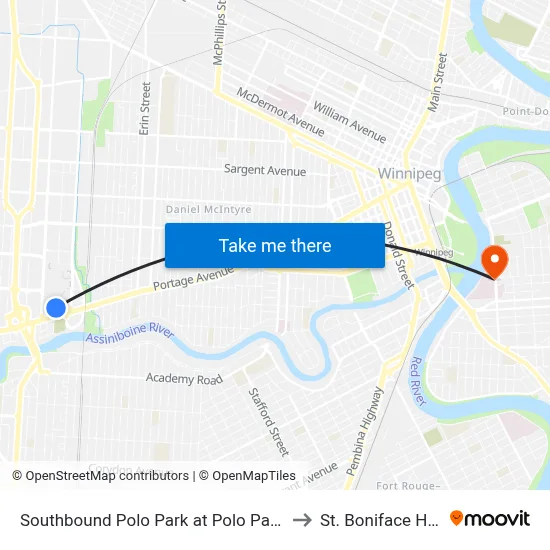 Southbound Polo Park at Polo Park Hub (680) to St. Boniface Hospital map