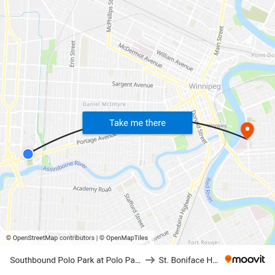 Southbound Polo Park at Polo Park Hub (70) to St. Boniface Hospital map