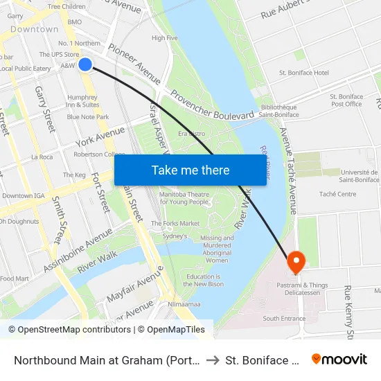 Northbound Main at Graham (Portage And Main) to St. Boniface Hospital map